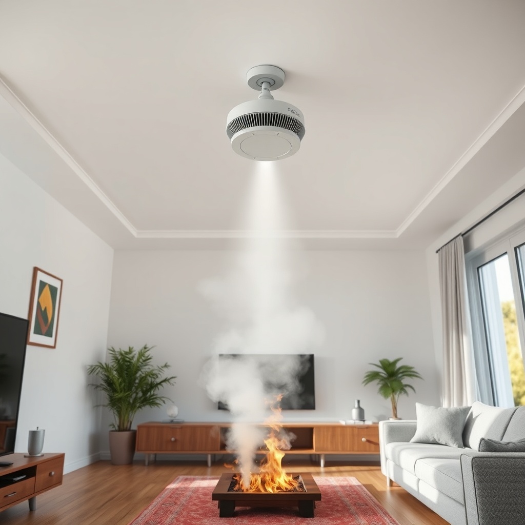 A clean photorealistic photo of a living room with an X-Sense SC01 mounted on the ceiling