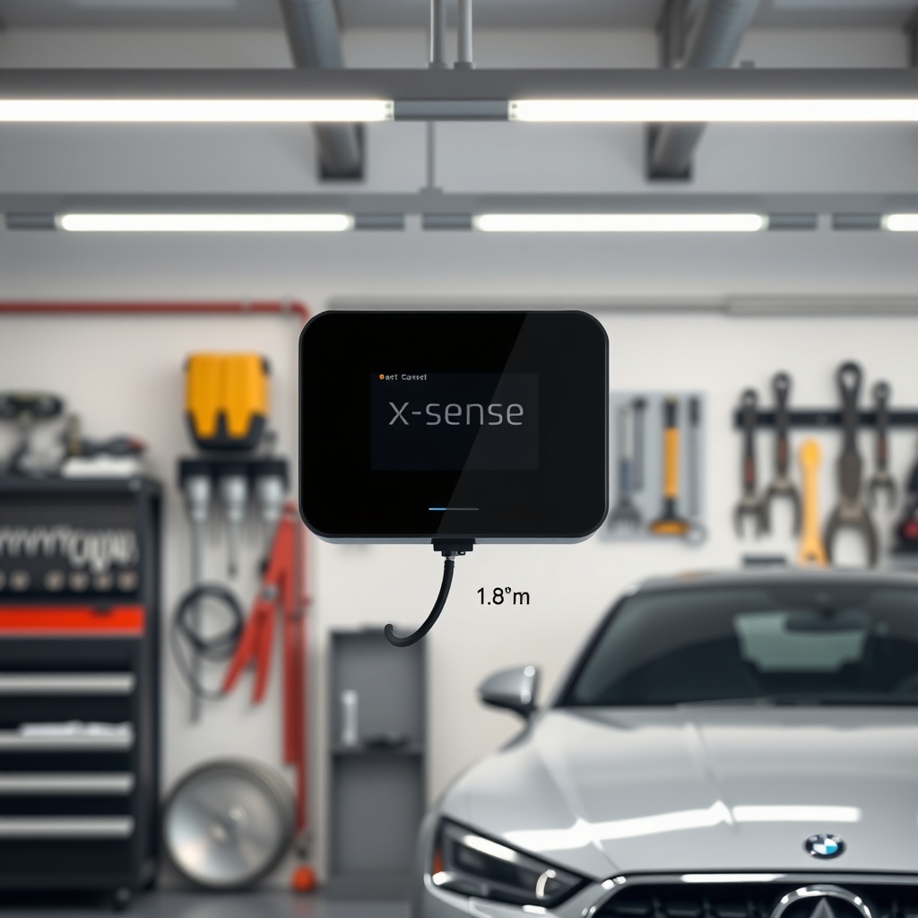 A clean photorealistic photo of a wall-mounted X-Sense SC01 in a modern garage