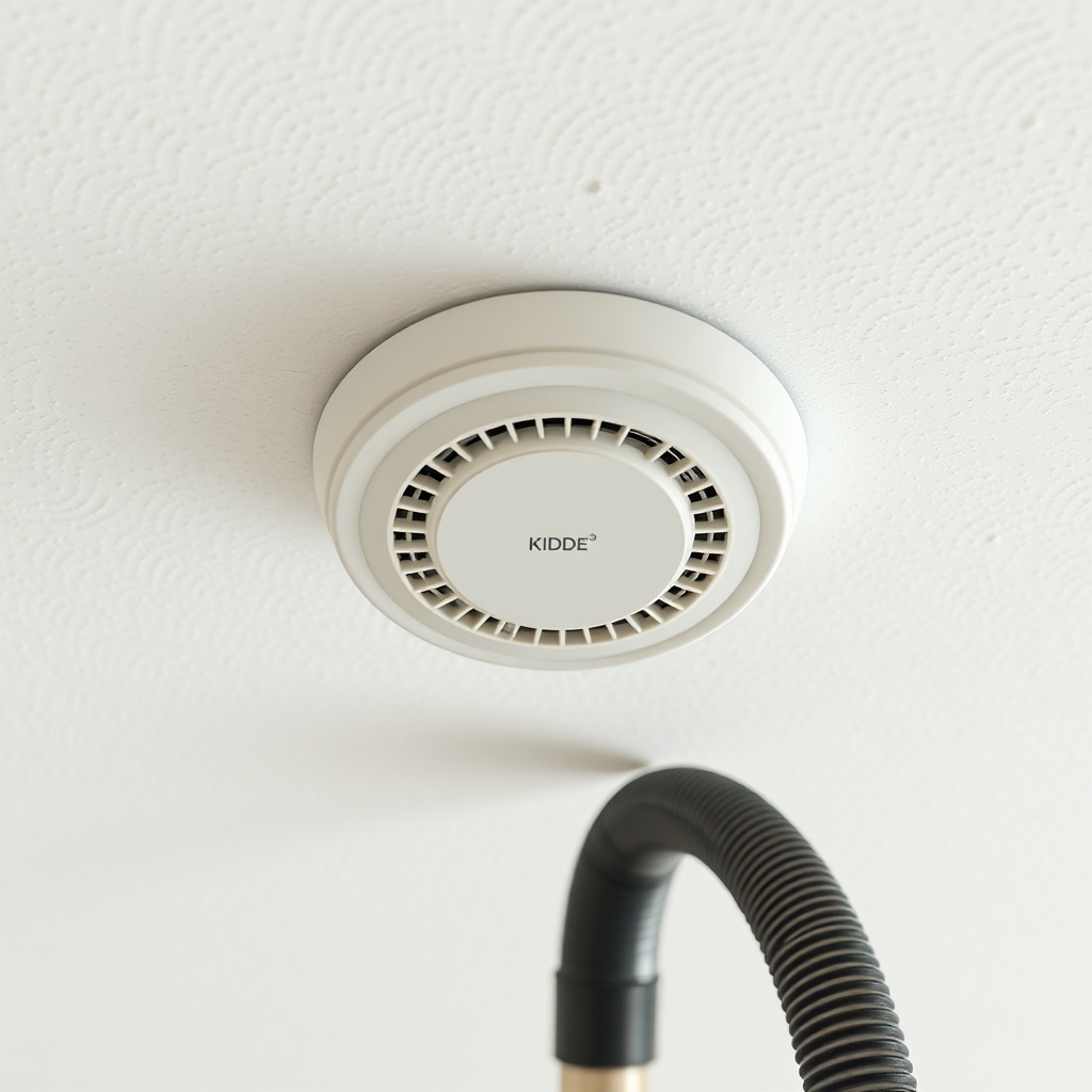 <clean photorealistic photo of a clean white Kidde i9010 alarm on a textured ceiling