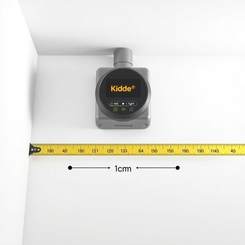A photorealistic illustration showing a clean white wall with a Kidde i9010 mounted at the