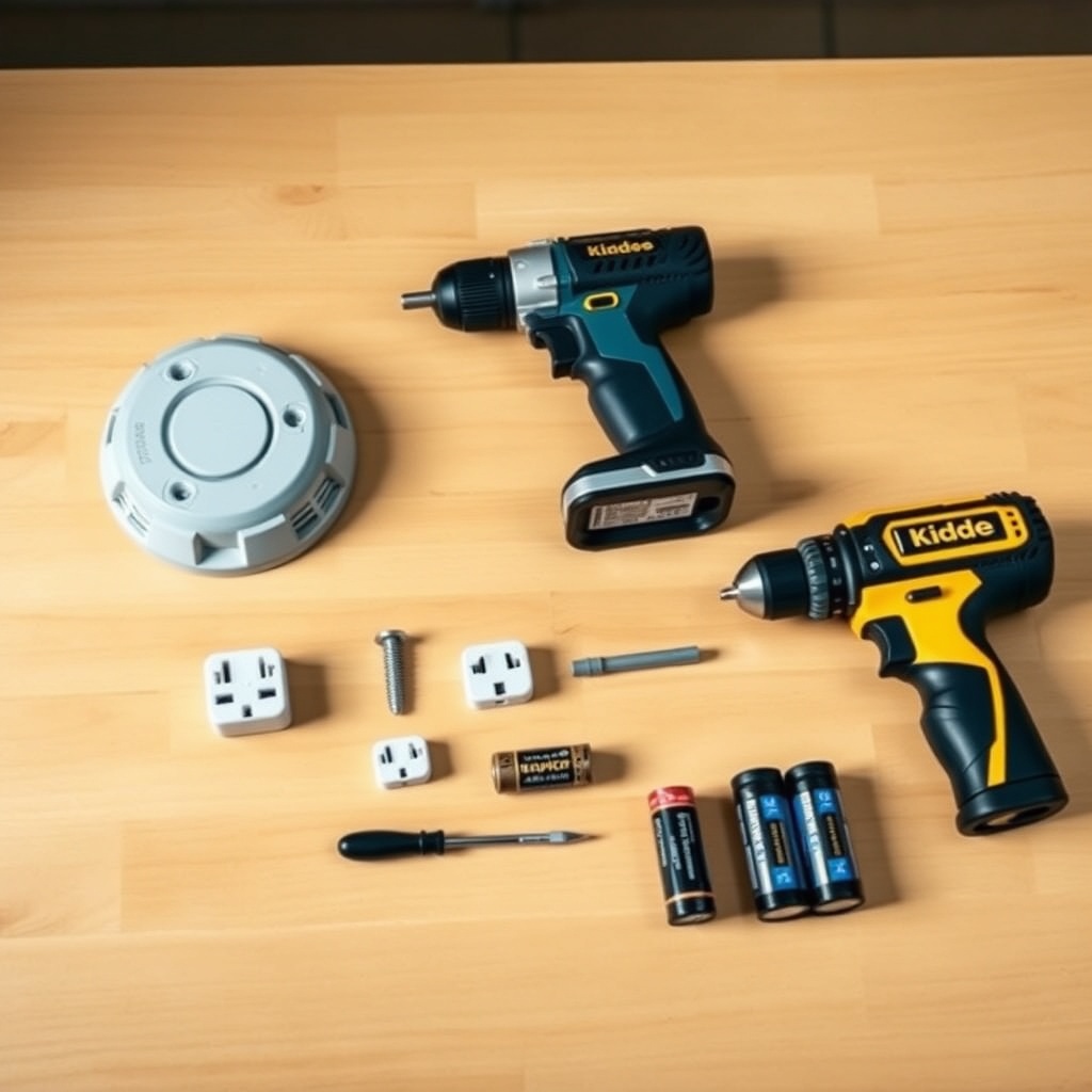 A photorealistic flat lay of all Kidde i9010 mounting tools on a wooden table: the dedecto