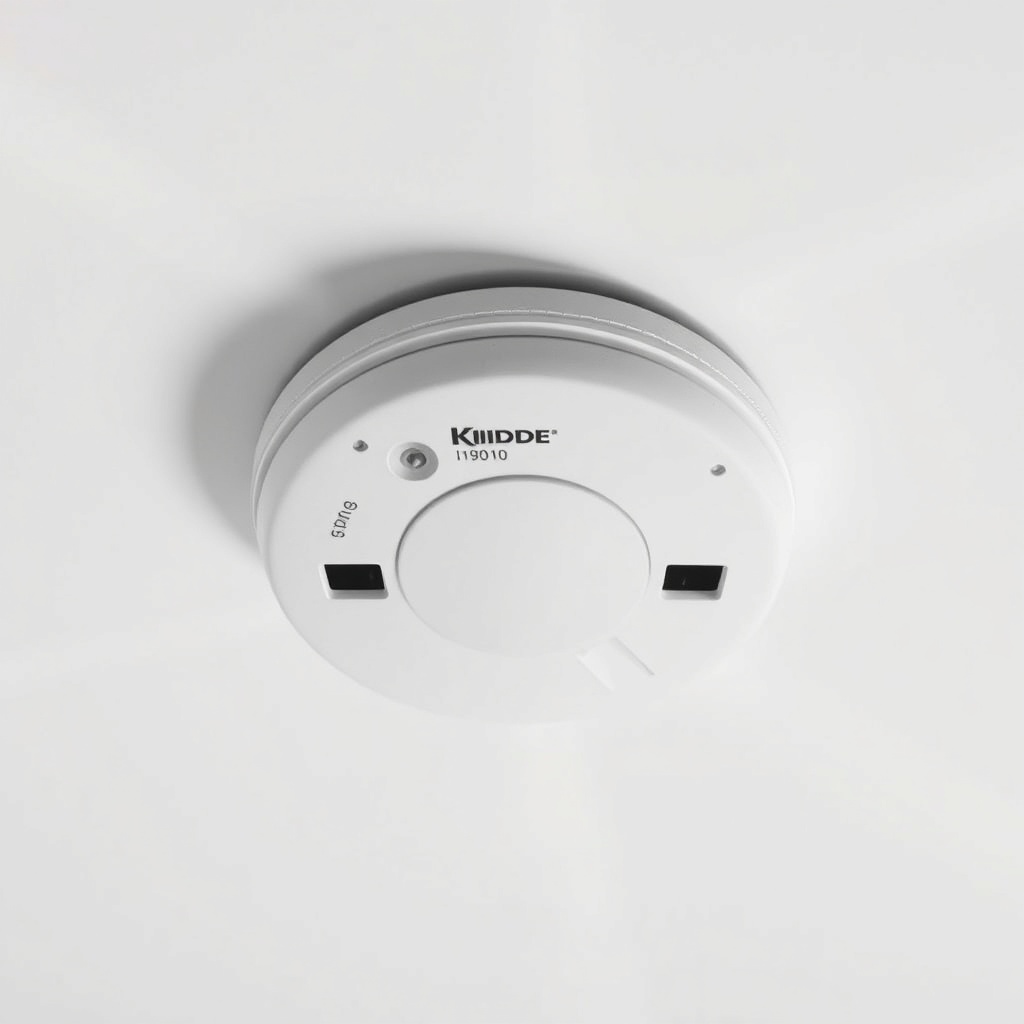A photorealistic photo of a Kidde i9010 smoke detector mounted on a white ceiling