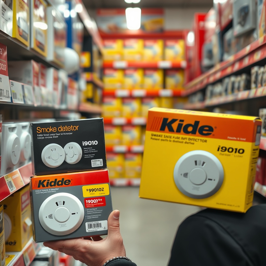 A photorealistic photo showing a person in a hardware store comparing two smoke detector b