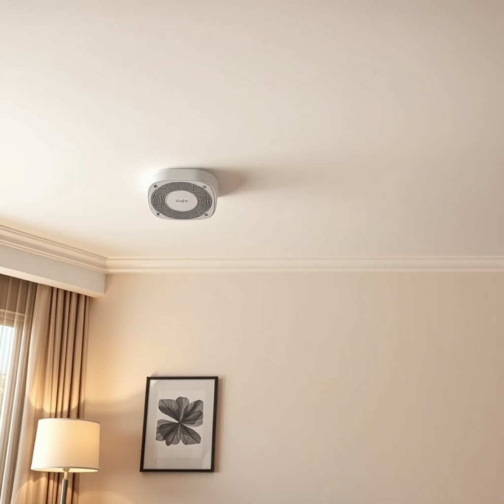 A photorealistic wide shot of a living room ceiling corner