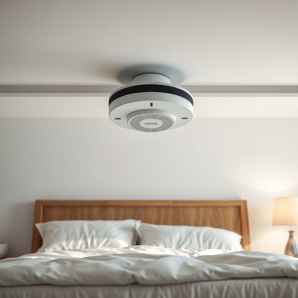<clean photorealistic photo of a Kidde i9010 mounted on a bedroom ceiling above a bed