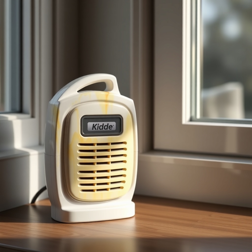 <clean photorealistic photo of a Kidde i9010 with slight yellowing on the plastic casing