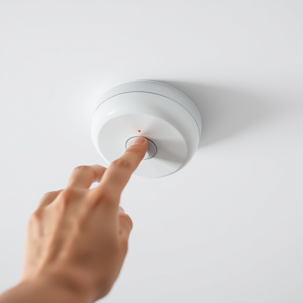 A clean photorealistic photo of a hand pressing the test button on an X-Sense SC01 duman d