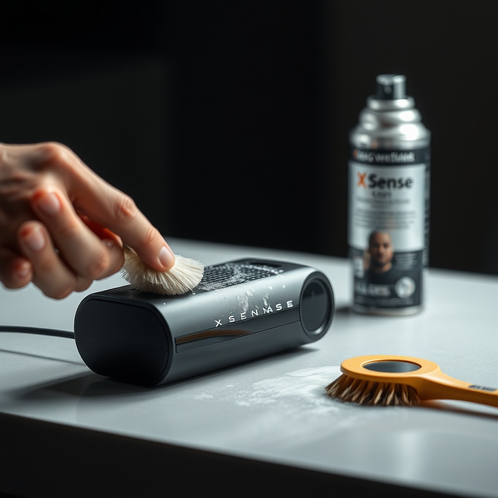 A clean photorealistic photo of an X-Sense SC01 duman dedektörü being cleaned with a soft