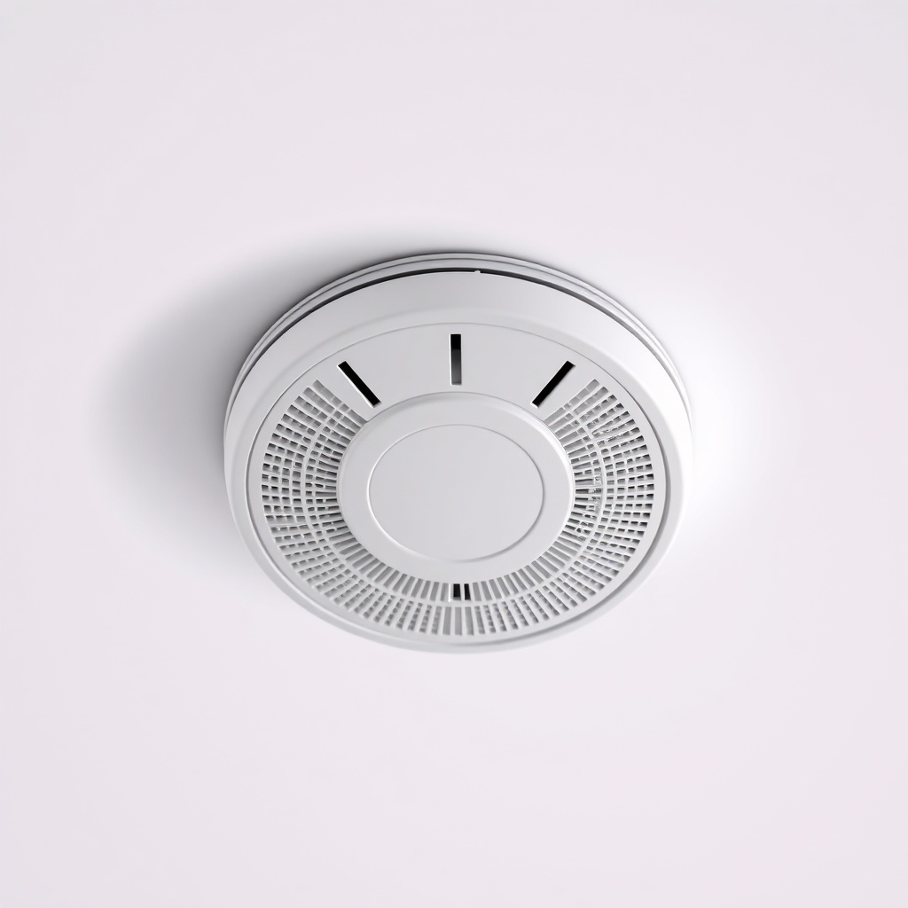 A close-up photorealistic photo of the X-Sense SC01 smoke detector on a white ceiling
