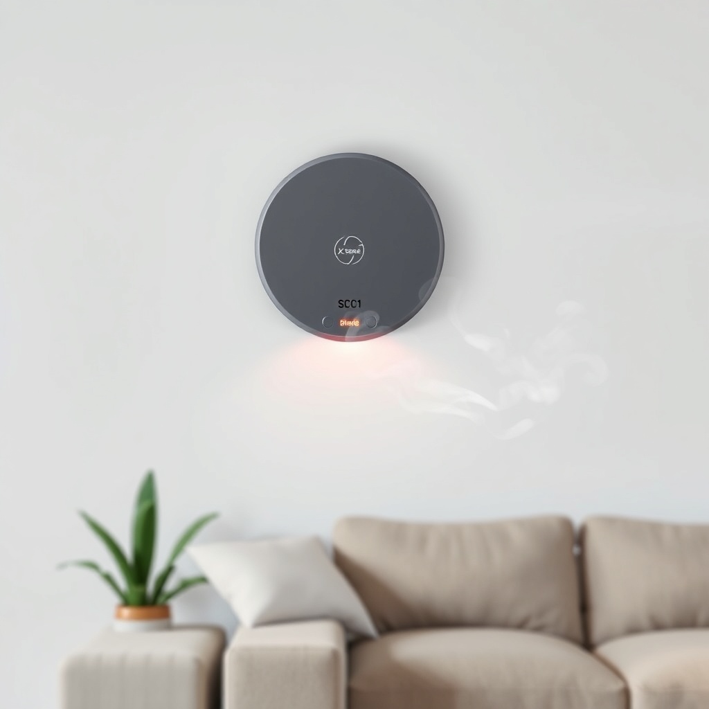 A photorealistic photo of the X-Sense SC01 installed on a living room wall