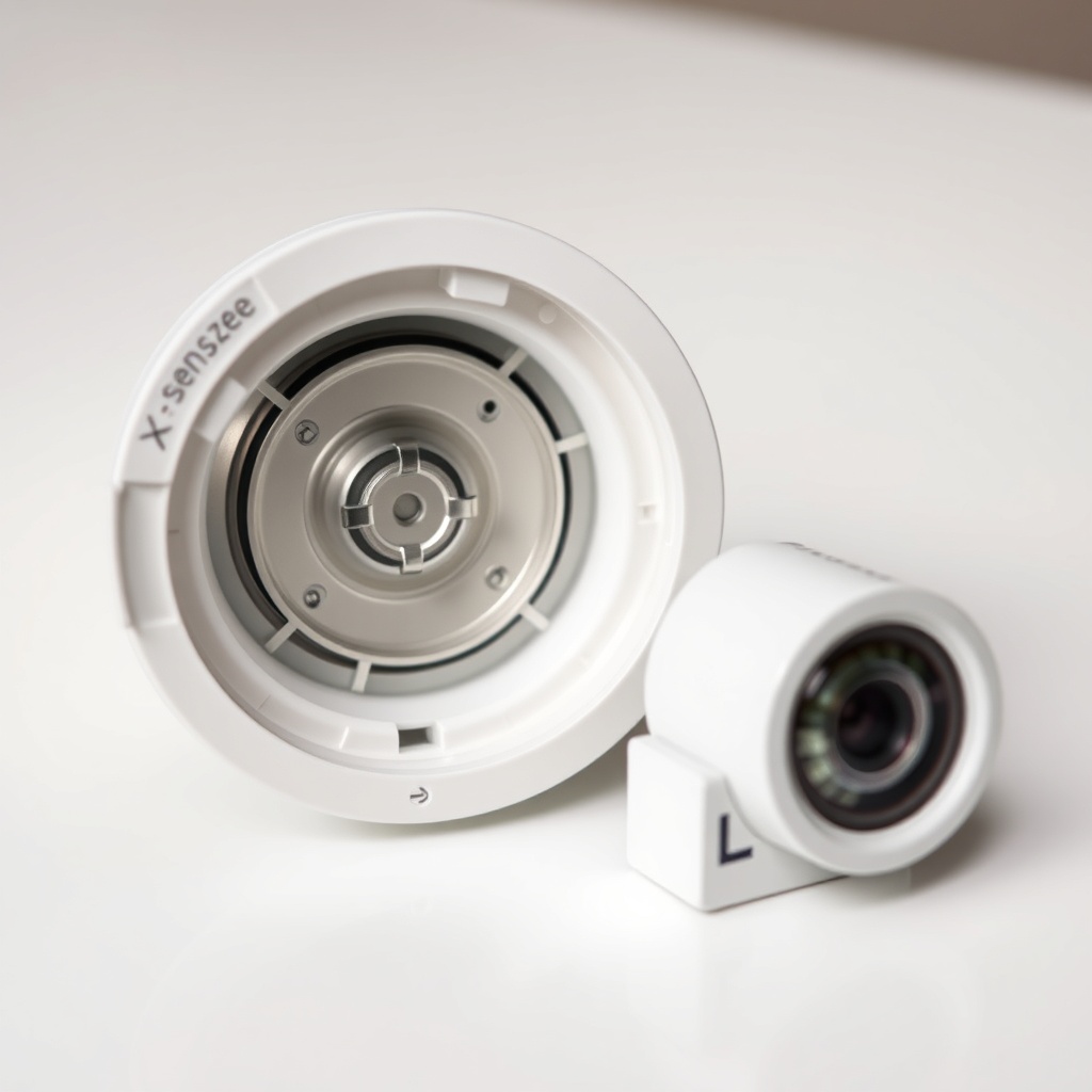 A close-up photorealistic photo of an X-Sense SC01 smoke alarm with its cover open