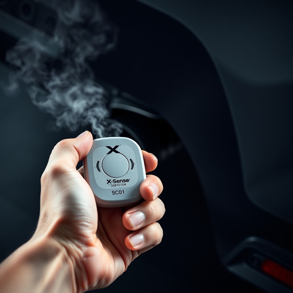 A photorealistic photo of a hand holding an X-Sense SC01 carbon monoxide detector near a c