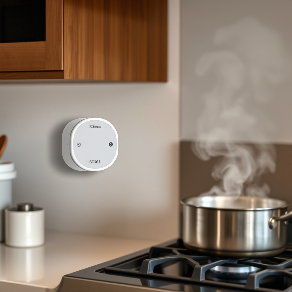 A photorealistic photo of an X-Sense SC01 detector mounted on a kitchen wall near a stove