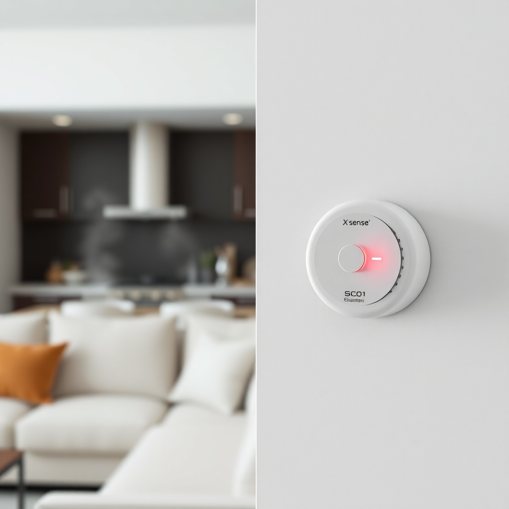 A photorealistic close-up photo of an X-Sense SC01 carbon monoxide alarm mounted on a whit