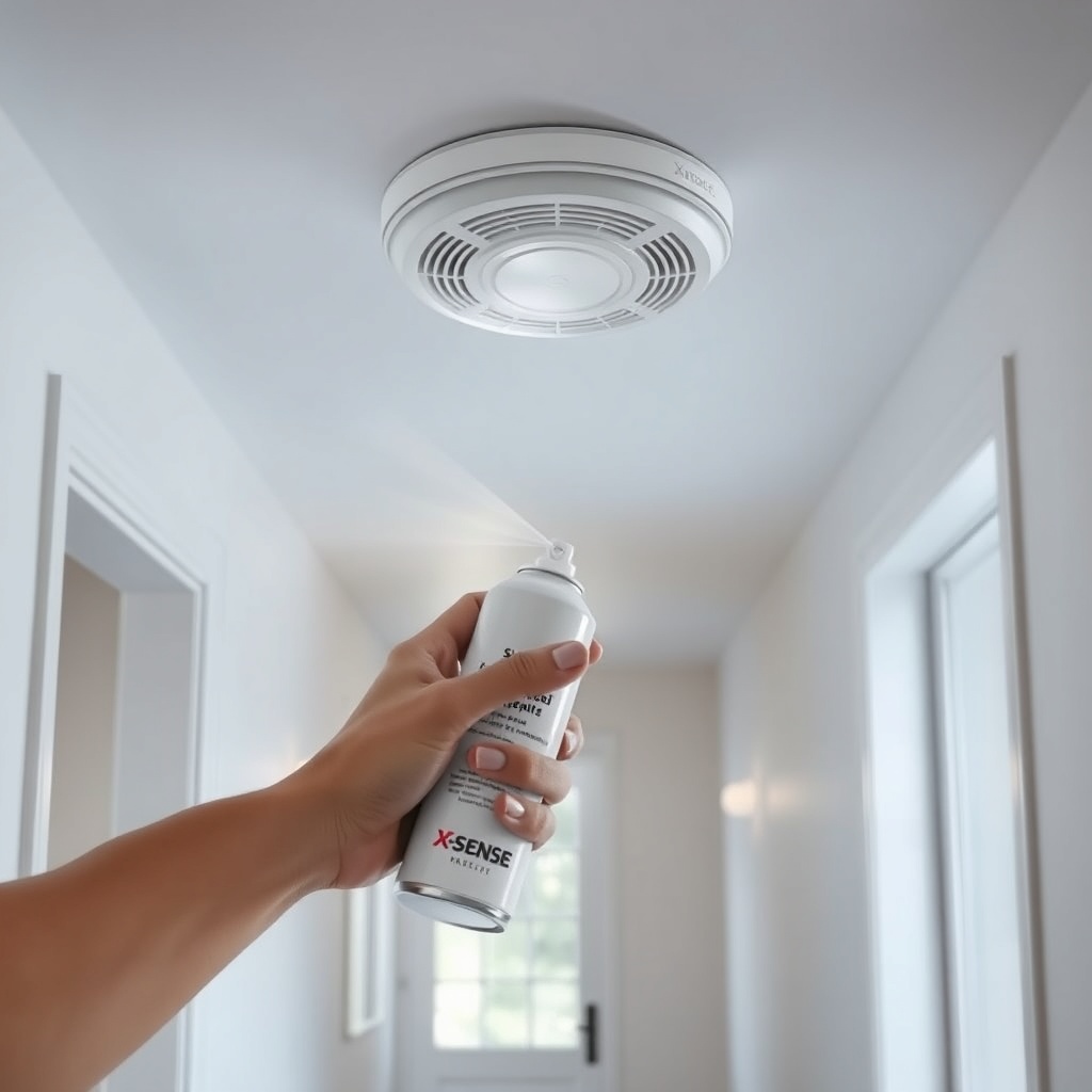 A photorealistic photo of a person holding a smoke alarm test spray can near an X-Sense SC