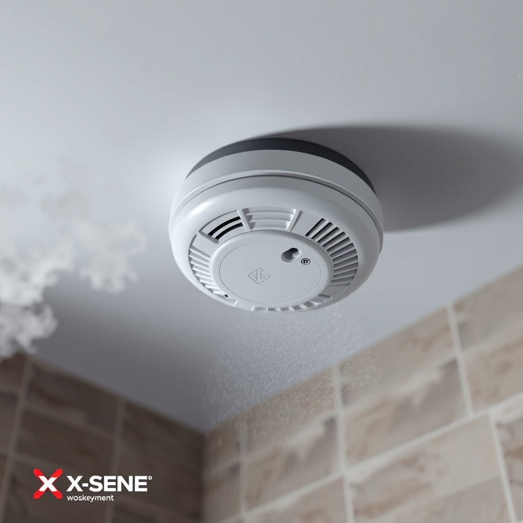 A photorealistic photo of an X-Sense SC01 smoke detector mounted near a bathroom ceiling