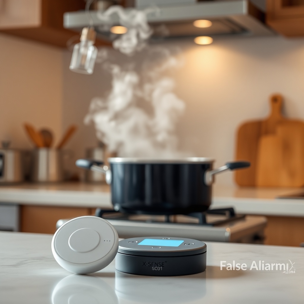 A photorealistic photo of an X-Sense SC01 detector in a kitchen