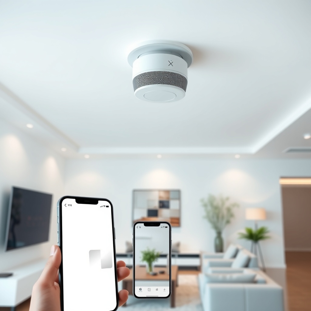 A photorealistic photo of X-Sense SC01 mounted on a white ceiling in a modern living room