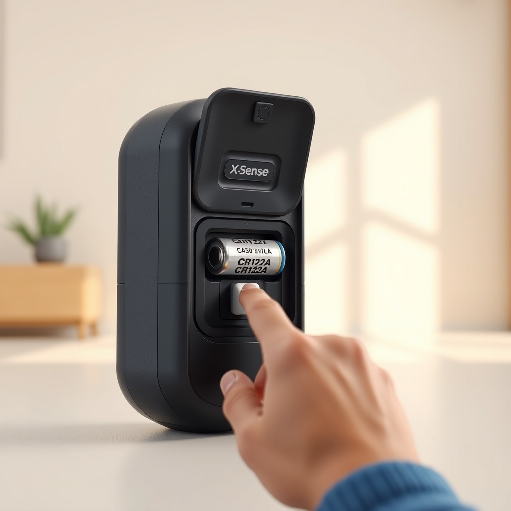 Photorealistic close-up of X-Sense SC01 with battery compartment open