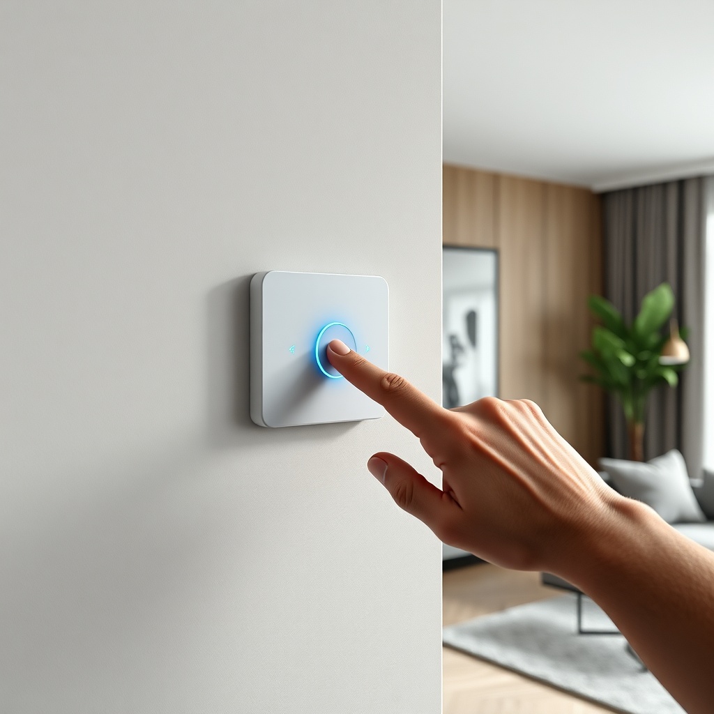 Photorealistic shot of a hand pressing the test button on X-Sense SC01 mounted on a wall i