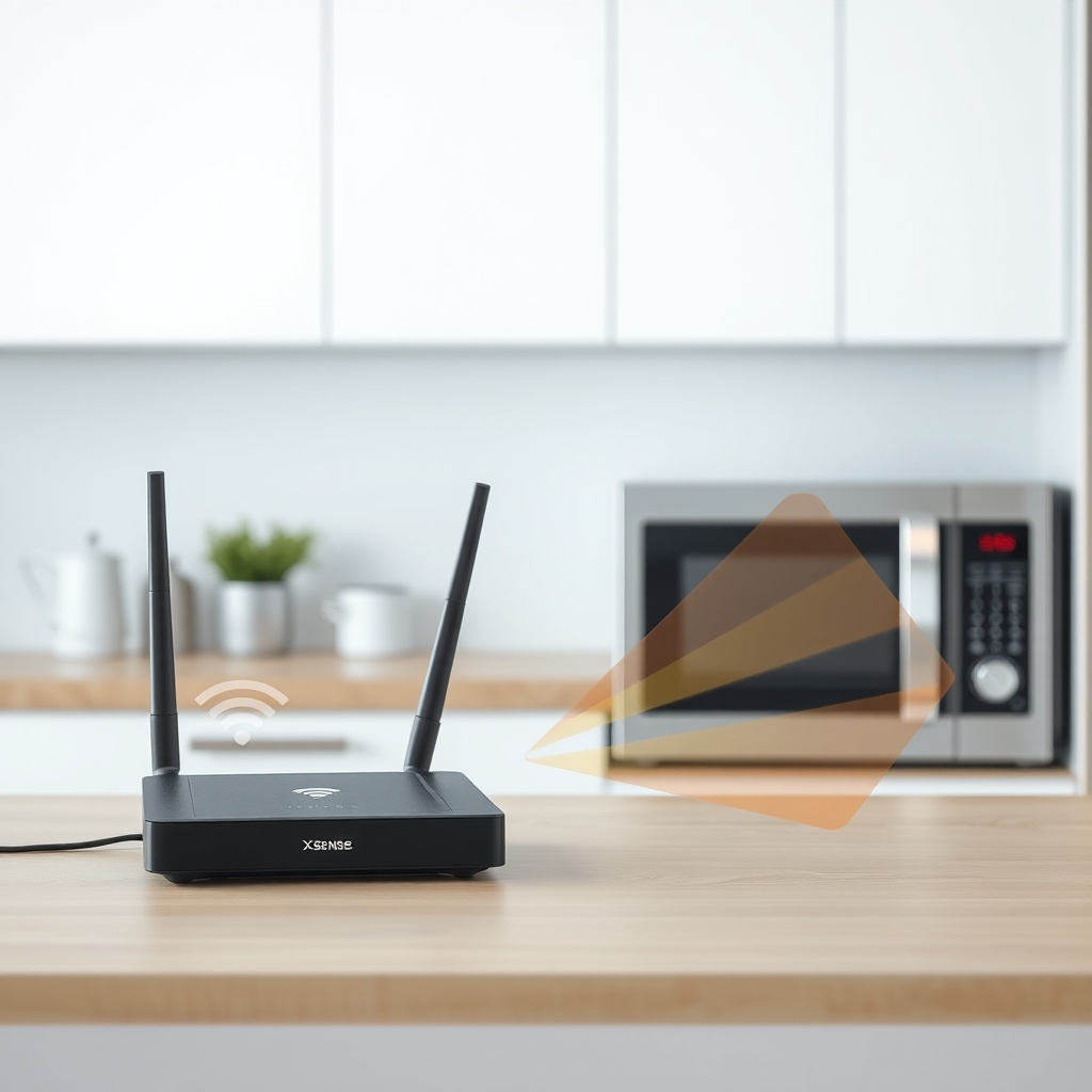 <clean photorealistic photo of an X-Sense SC01 device placed near a Wi-Fi router and micro