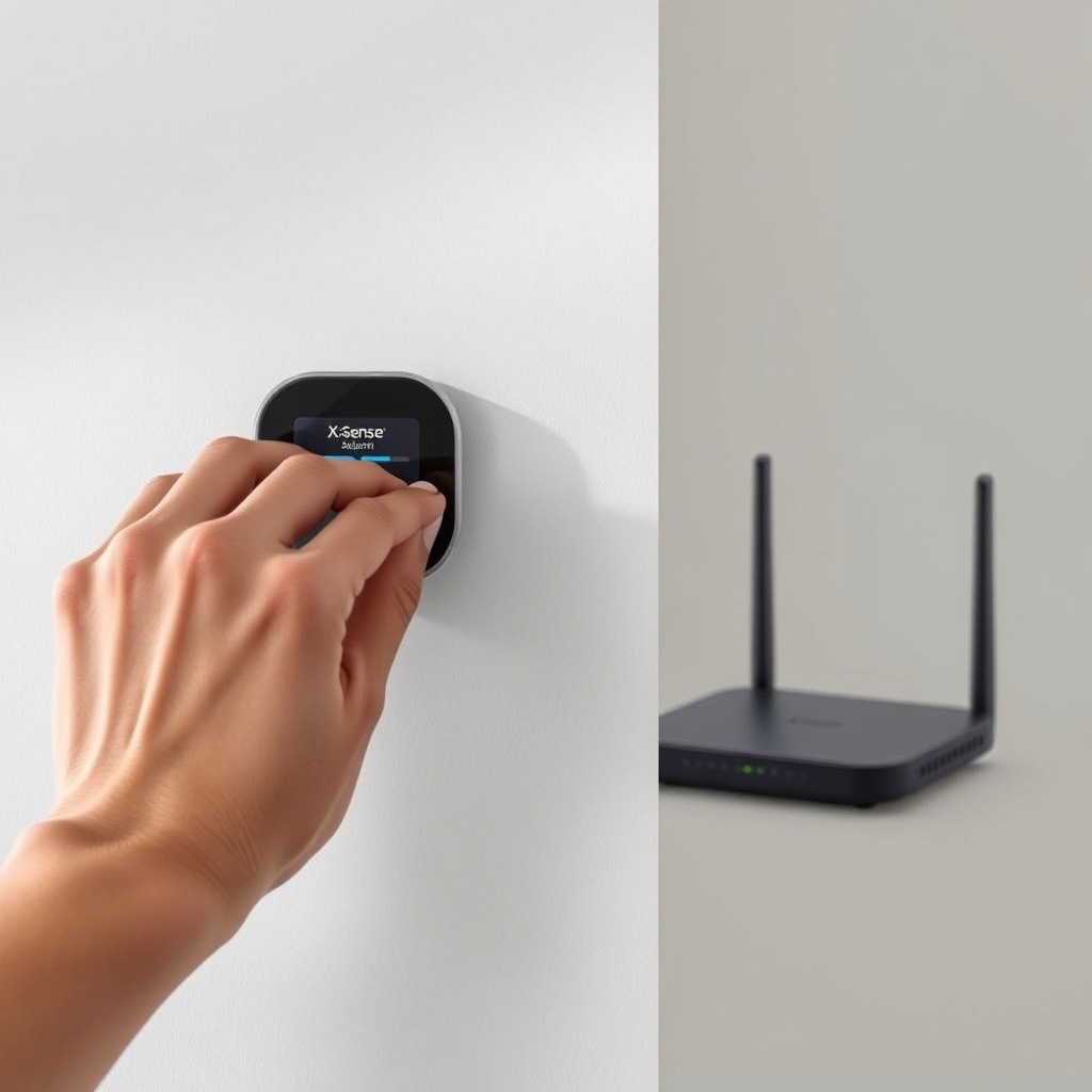 <clean photorealistic photo of a hand adjusting an X-Sense SC01 alarm on a wall