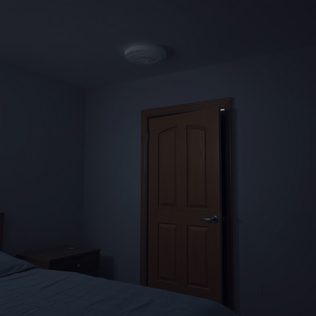 A photorealistic photo of a bedroom at night with a closed wooden door