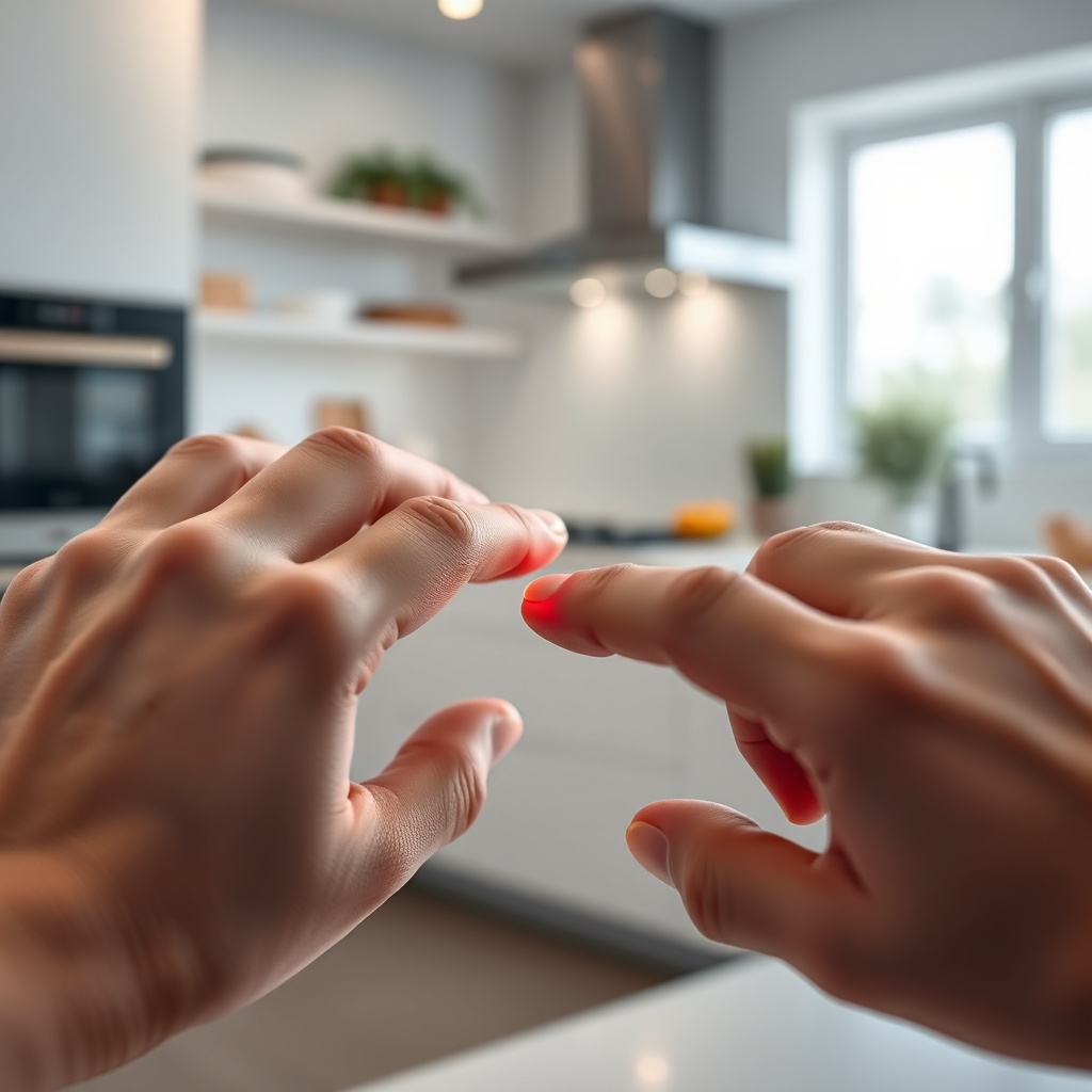 <clean photorealistic photo of hands pressing the "TEST" button on an X-Sense SC01 with re