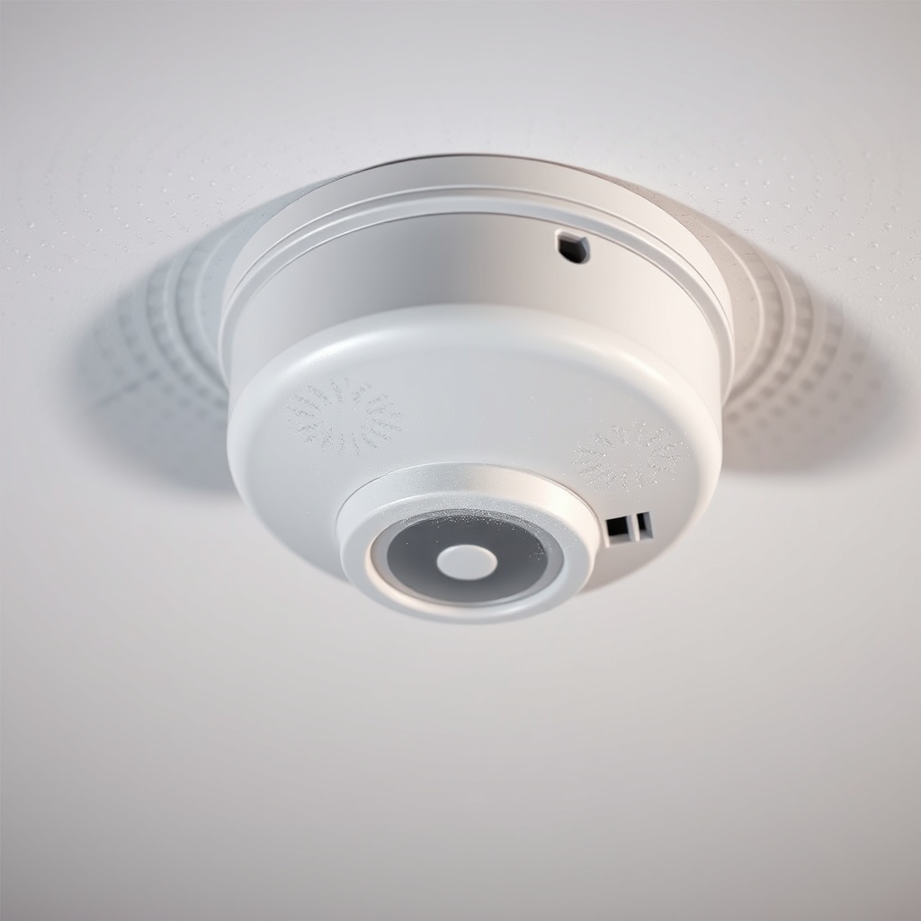 A close-up photorealistic photo of an X-Sense SC01 smoke detector mounted on a ceiling wit