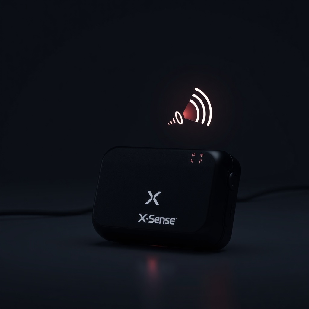 A photorealistic photo of an X-Sense SC01 alarm sounding with a small sound wave graphic i